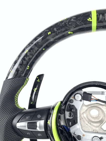 BMW Fx Series Forged Lime Carbon Fibre Flat Bottom Wheel with Matching Paddles & Leather Grip