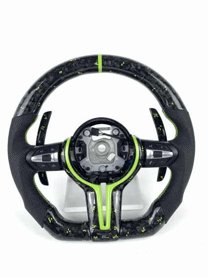 BMW Fx Series Forged Lime Carbon Fibre Flat Bottom Wheel with Matching Paddles & Leather Grip