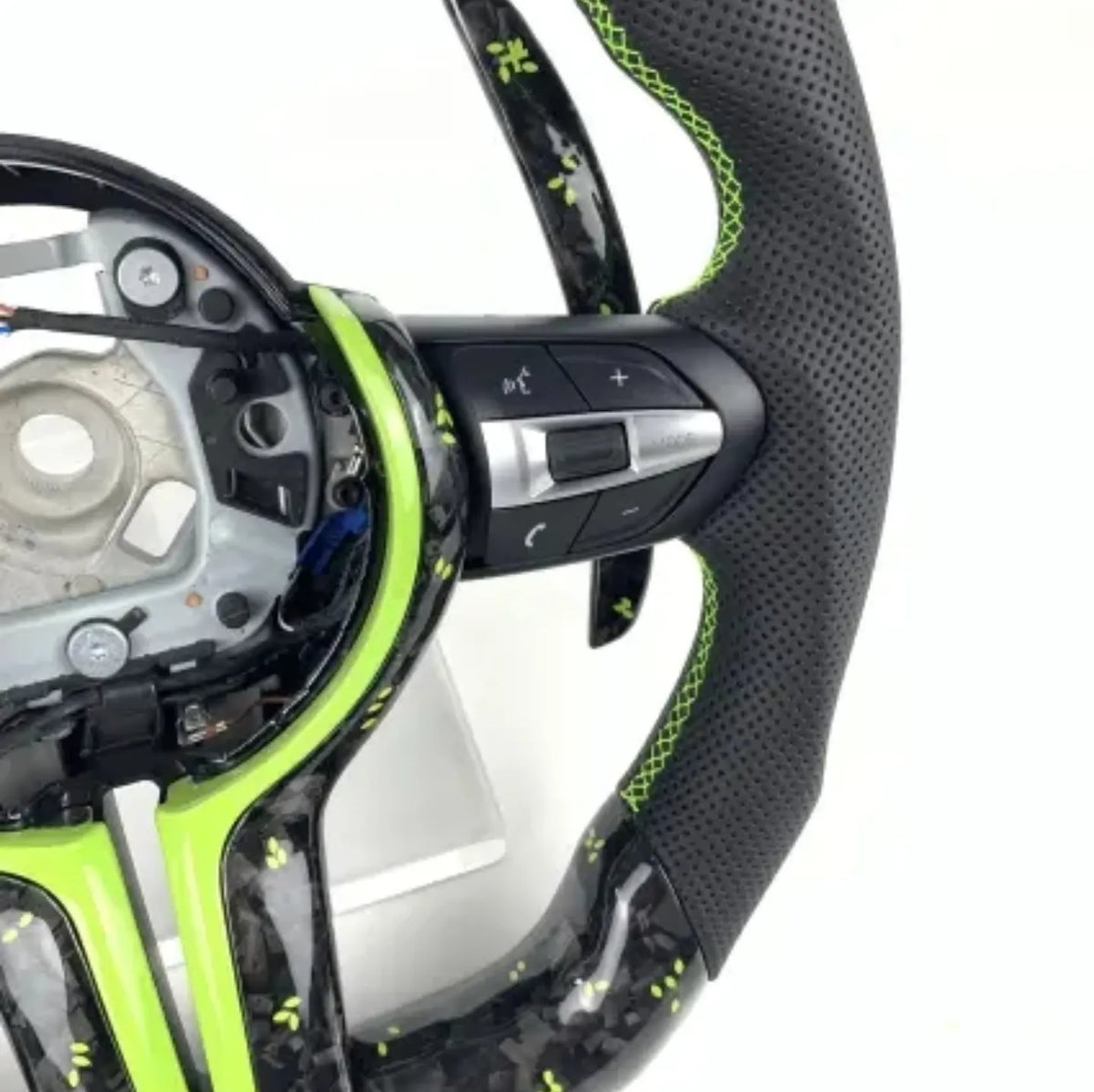 BMW Fx Series Forged Lime Carbon Fibre Flat Bottom Wheel with Matching Paddles & Leather Grip