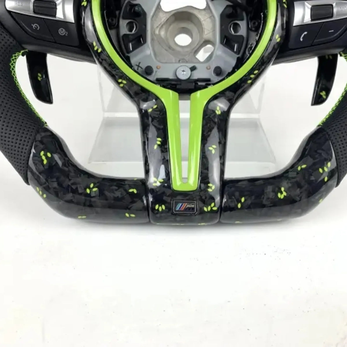 BMW Fx Series Forged Lime Carbon Fibre Flat Bottom Wheel with Matching Paddles & Leather Grip