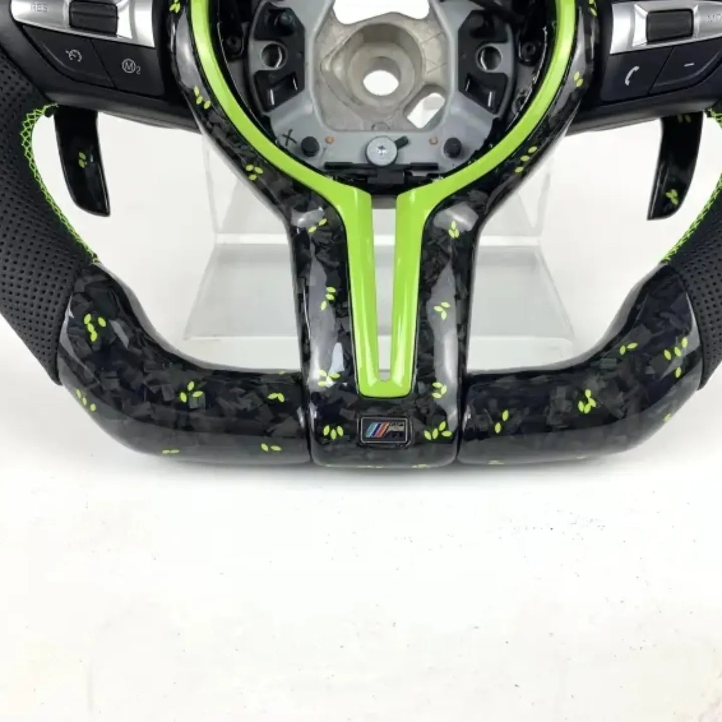 BMW Fx Series Forged Lime Carbon Fibre Flat Bottom Wheel with Matching Paddles & Leather Grip