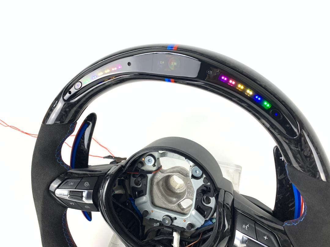 BMW F Series Forged Carbon & Alcantara with Forged Carbon Paddles, Colour LED Display, BMW Tri Colour Stitching & Accents