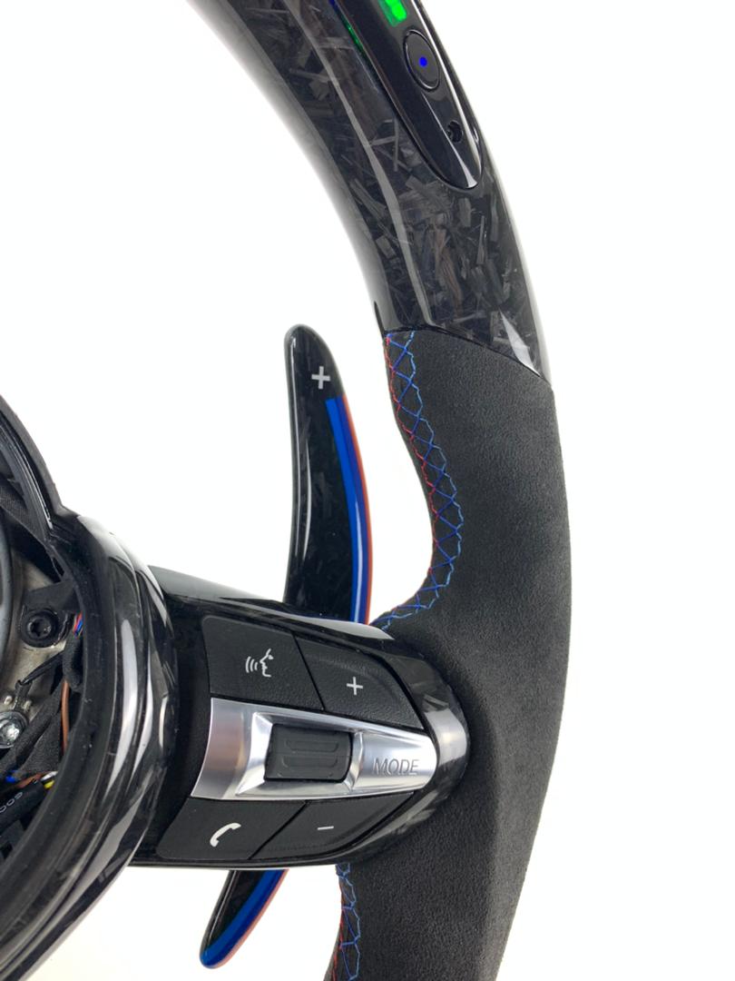 BMW F Series Forged Carbon & Alcantara with Forged Carbon Paddles, Colour LED Display, BMW Tri Colour Stitching & Accents