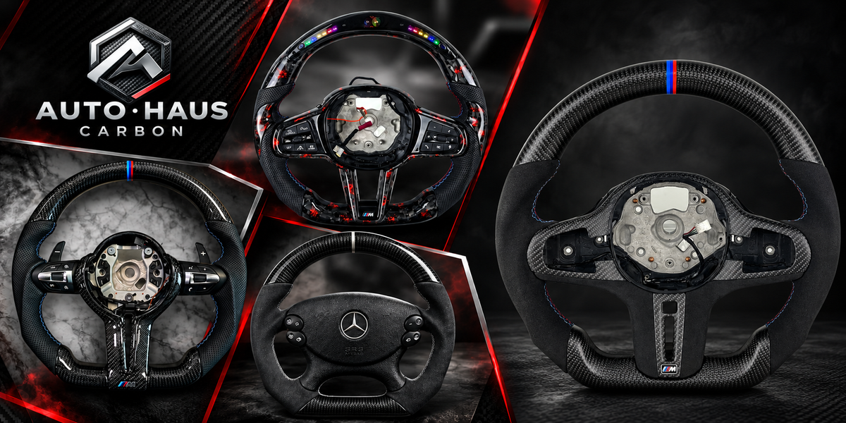 AHC custom wheel collage featuring a matte carbon BMW G20 wheel, forged carbon LED wheel and Mercedes carbon wheel