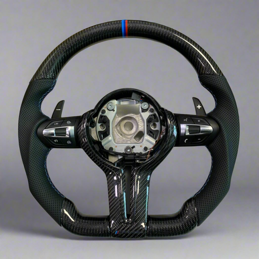 BMW F Series Gloss Carbon & Perforated Leather Flat Bottom Wheel with BMW Tri Stitch & Centre Line