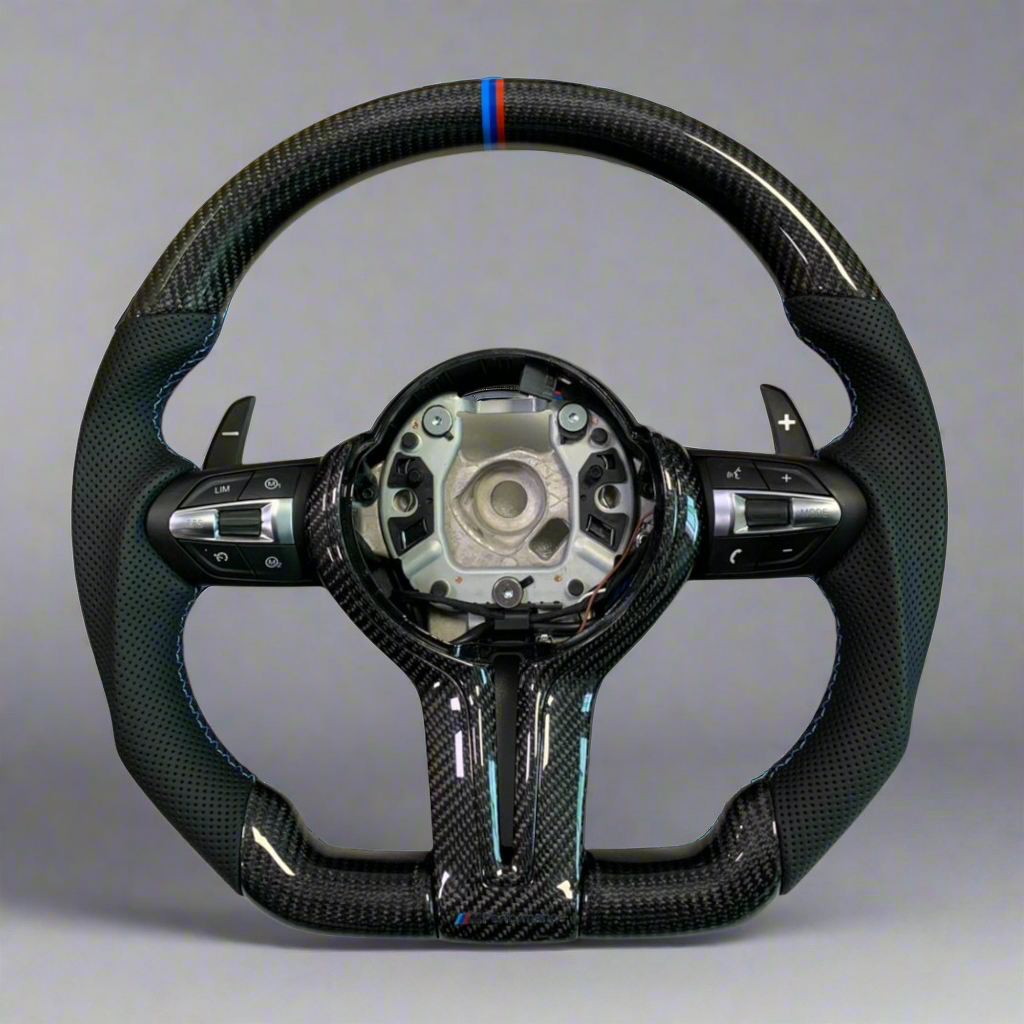 BMW F Series Gloss Carbon & Perforated Leather Flat Bottom Wheel with BMW Tri Stitch & Centre Line