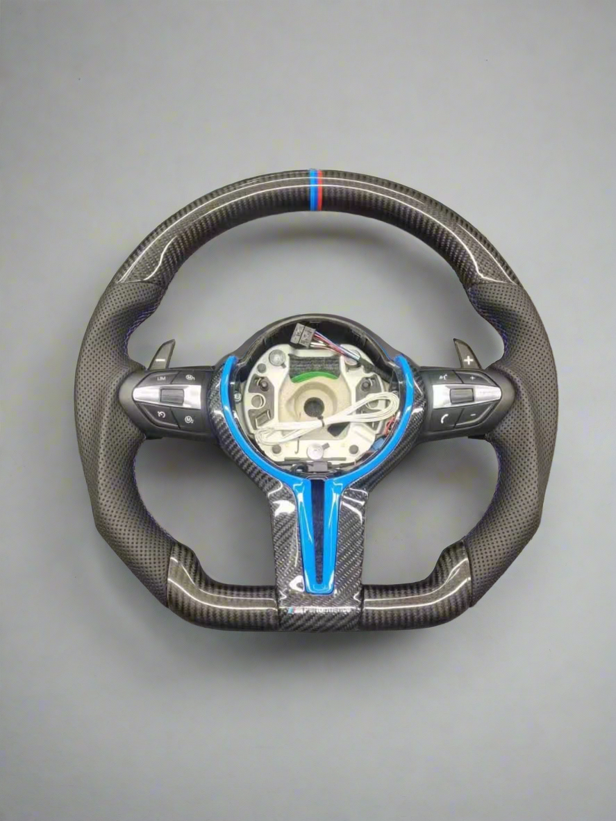 BMW Fxx Carbon Flat Bottom Wheel with Blue Y Trim, Leather Grip & BMW Tri Stitch & Centre Line