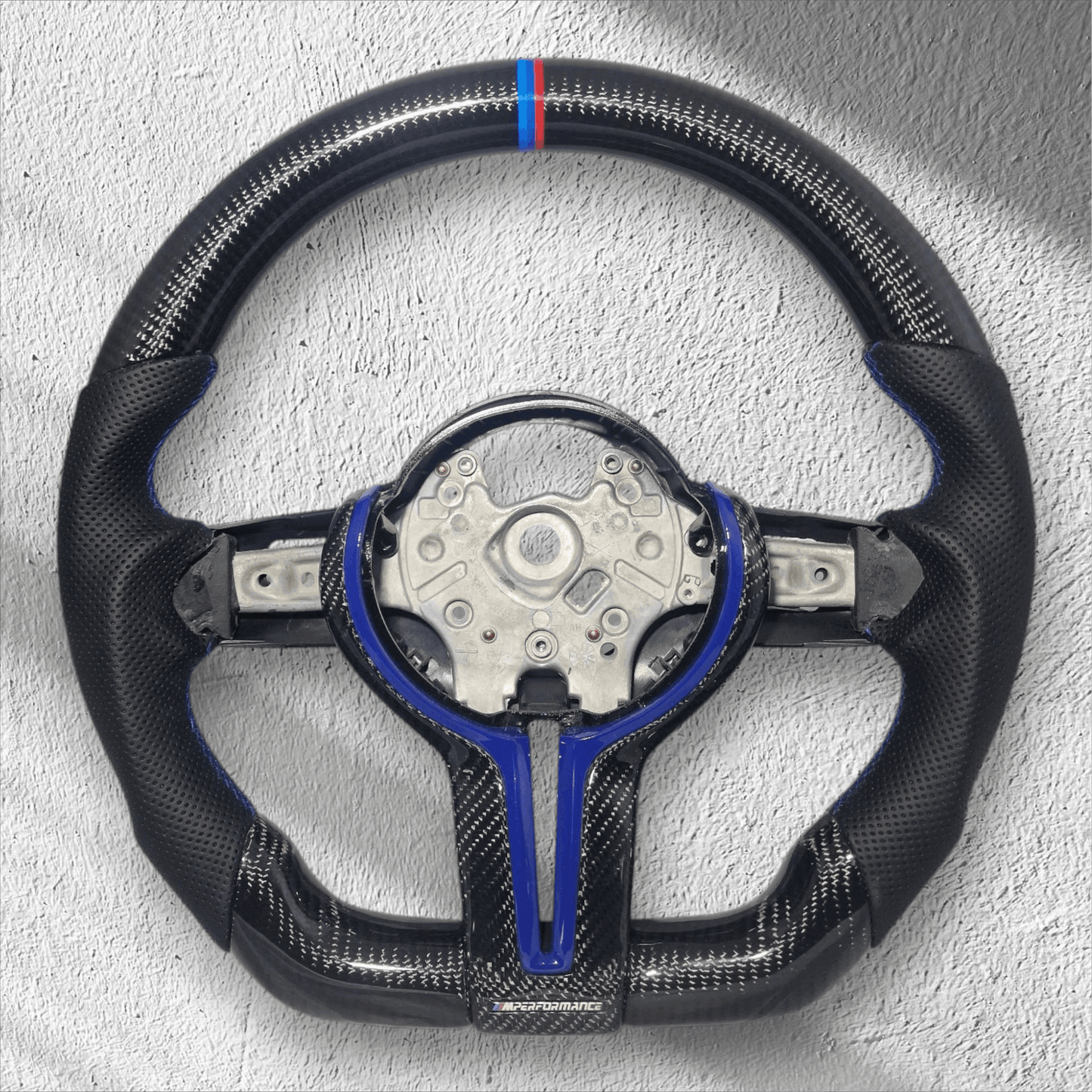 BMW 1/2/3/4 Series Gloss Carbon Fibre & Leather Flat Bottom Steering Wheel - EXPRESS BLUE