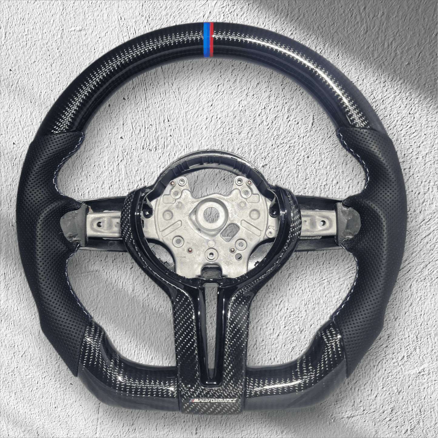 BMW 1/2/3/4 Series Gloss Carbon Fibre & Leather Flat Bottom Steering Wheel - EXPRESS BLACK