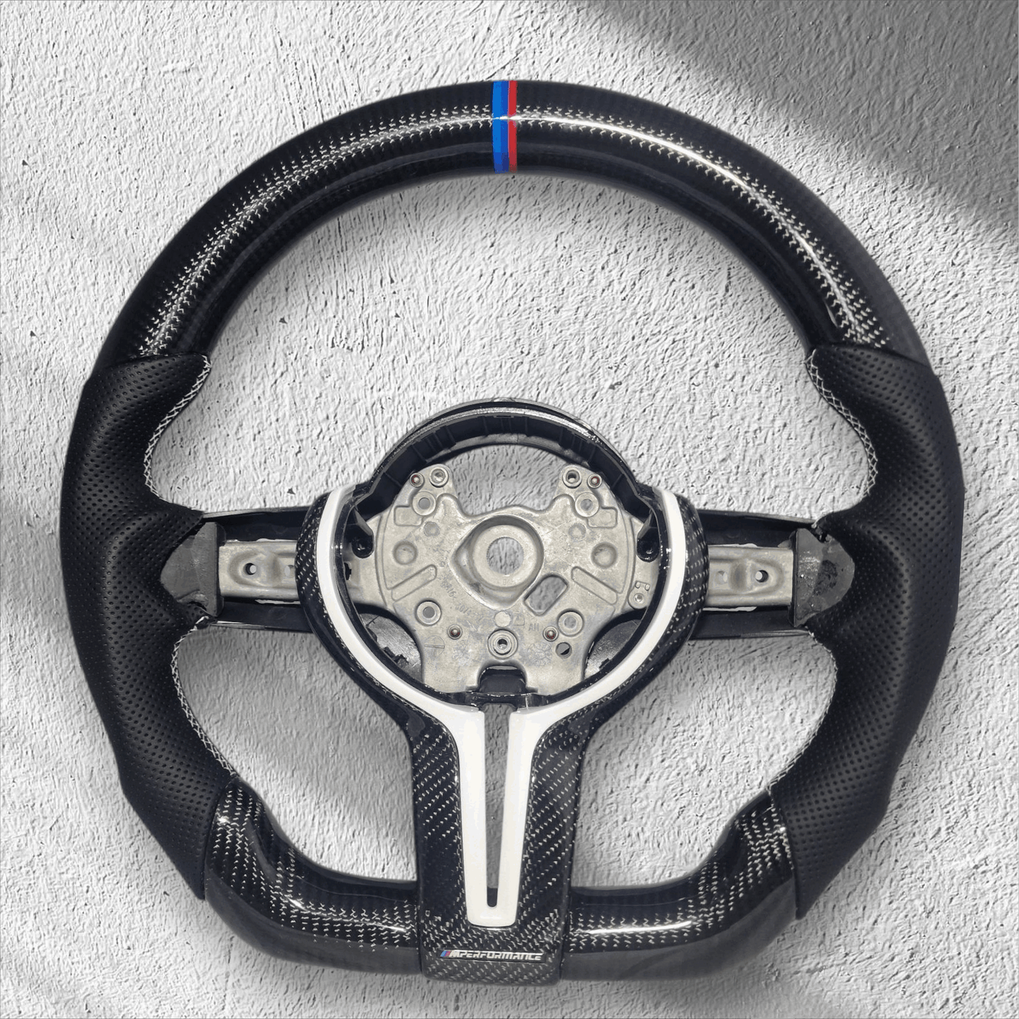 BMW 1/2/3/4 Series Gloss Carbon Fibre & Leather Flat Bottom Steering Wheel - EXPRESS WHITE