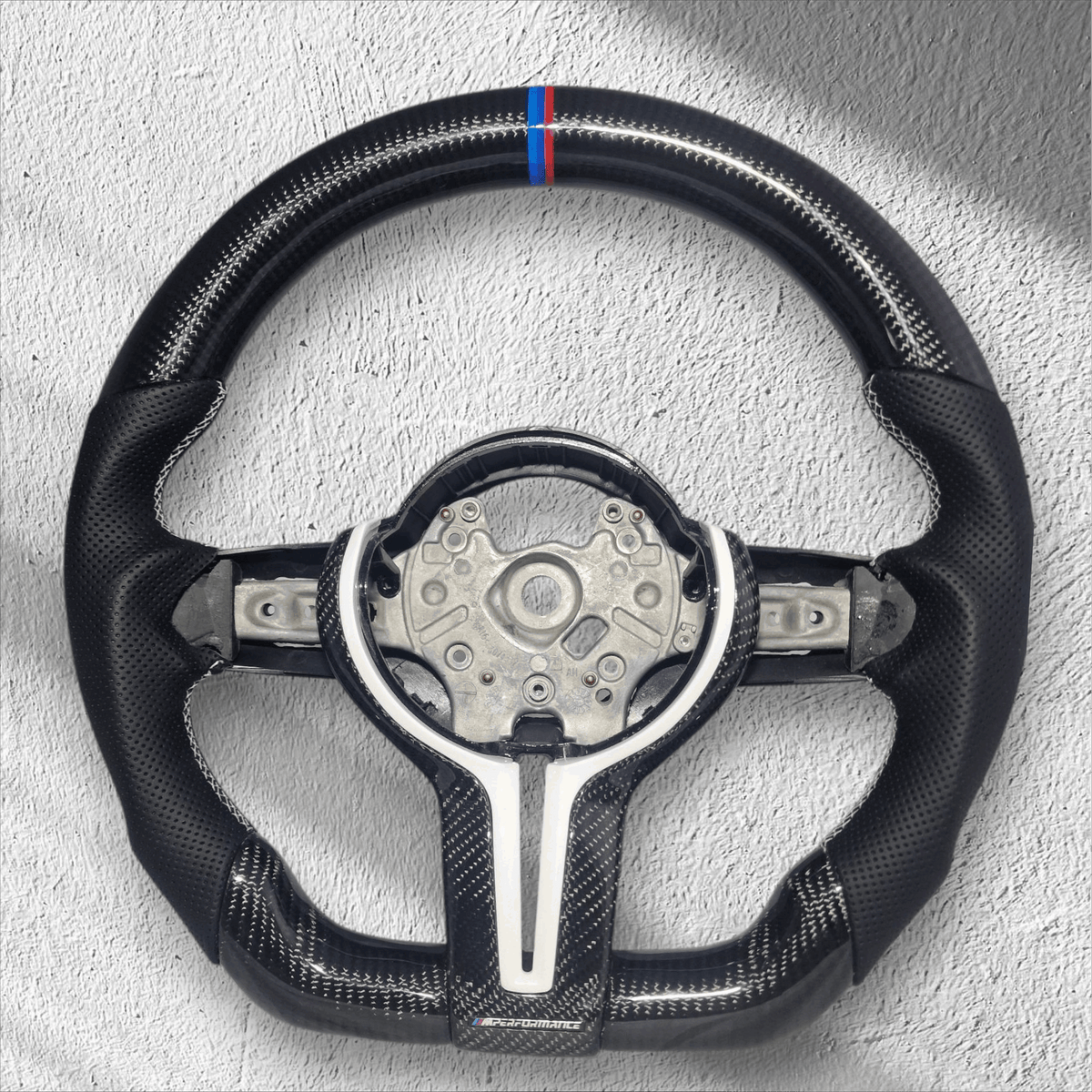 BMW 1/2/3/4 Series Gloss Carbon Fibre & Leather Flat Bottom Steering Wheel - EXPRESS WHITE