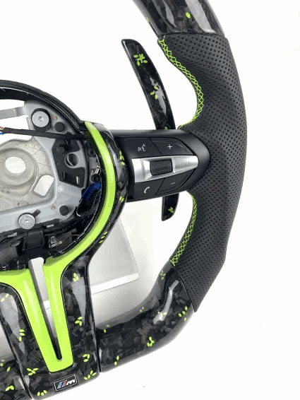 BMW Fx Series Forged Lime Carbon Fibre Flat Bottom Wheel with Matching Paddles & Leather Grip