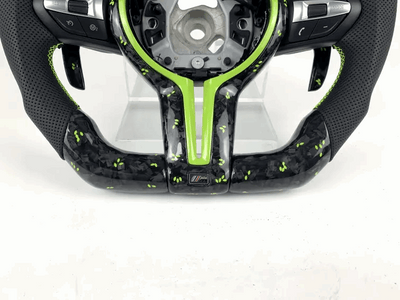 BMW Fx Series Forged Lime Carbon Fibre Flat Bottom Wheel with Matching Paddles & Leather Grip