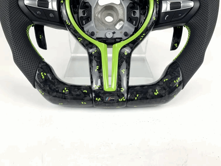 BMW Fx Series Forged Lime Carbon Fibre Flat Bottom Wheel with Matching Paddles & Leather Grip