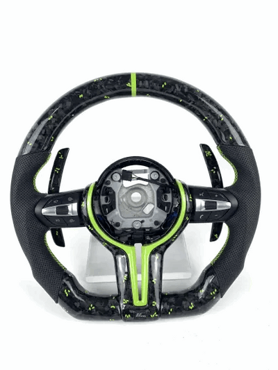 BMW Fx Series Forged Lime Carbon Fibre Flat Bottom Wheel with Matching Paddles & Leather Grip