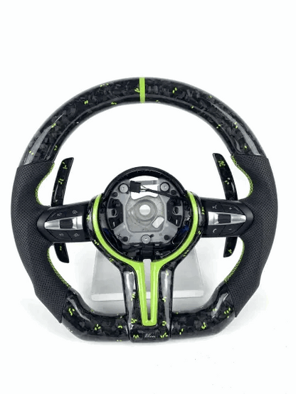 BMW Fx Series Forged Lime Carbon Fibre Flat Bottom Wheel with Matching Paddles & Leather Grip