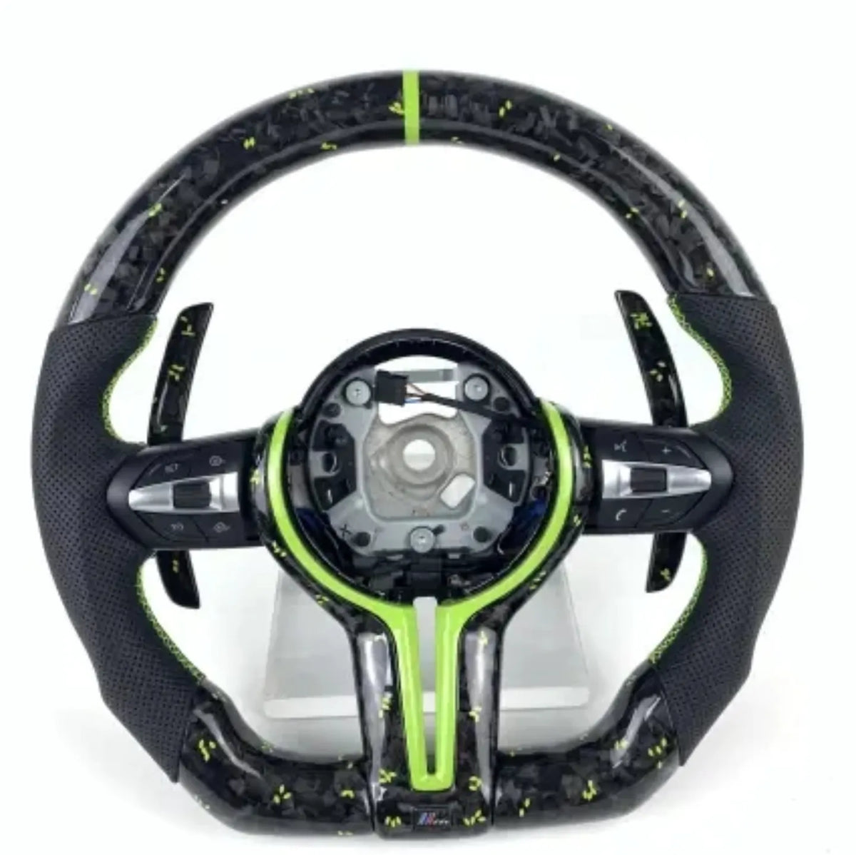 BMW Fx Series Forged Lime Carbon Fibre Flat Bottom Wheel with Matching Paddles & Leather Grip