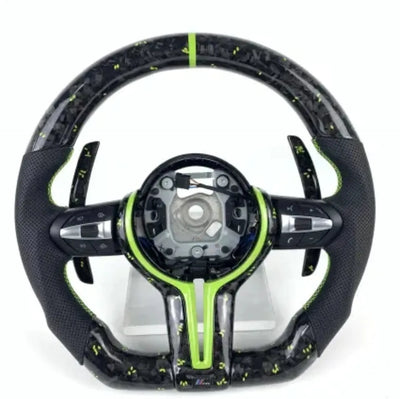 BMW Fx Series Forged Lime Carbon Fibre Flat Bottom Wheel with Matching Paddles & Leather Grip