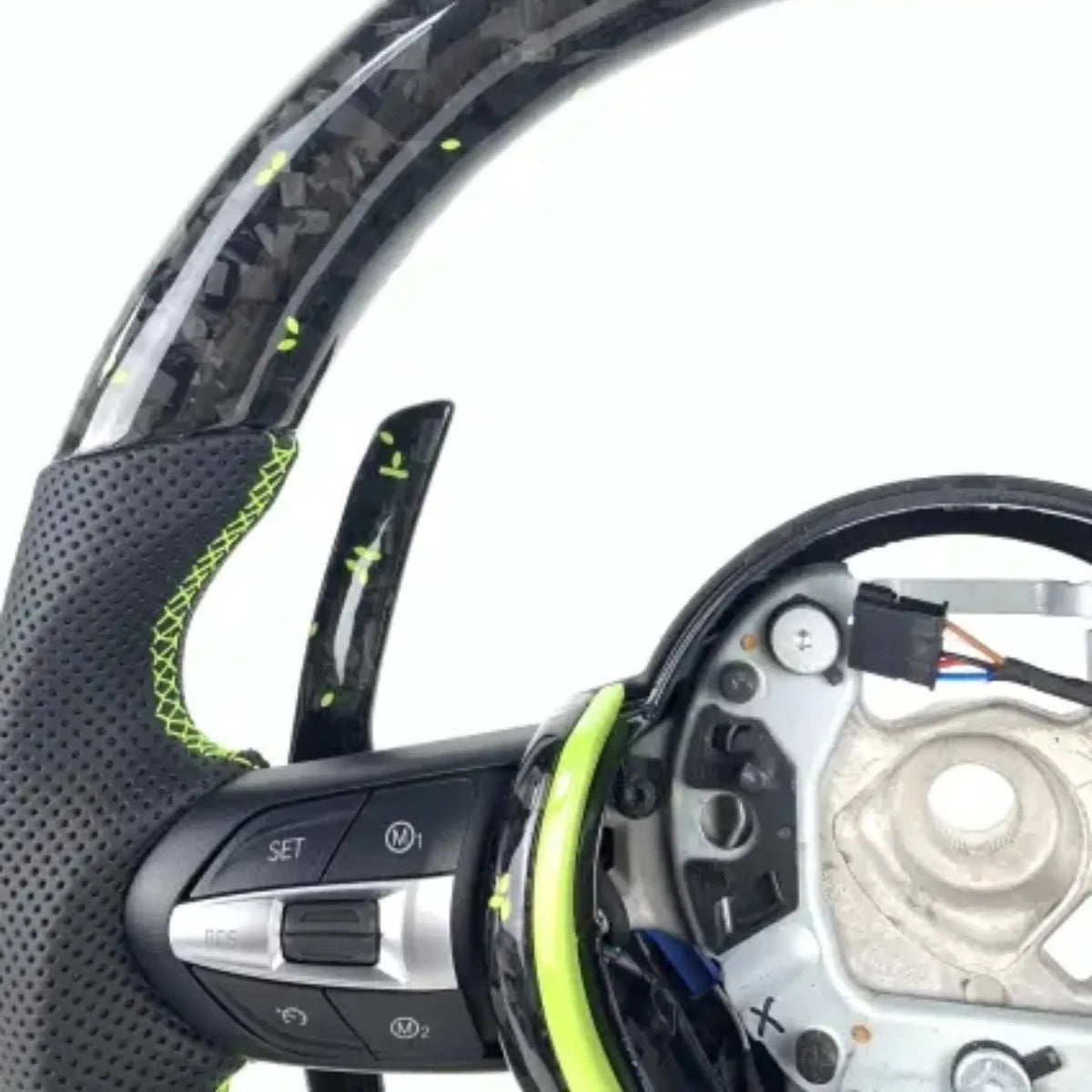 BMW Fx Series Forged Lime Carbon Fibre Flat Bottom Wheel with Matching Paddles & Leather Grip