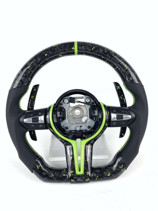 BMW Fx Series Forged Lime Carbon Fibre Flat Bottom Wheel with Matching Paddles & Leather Grip