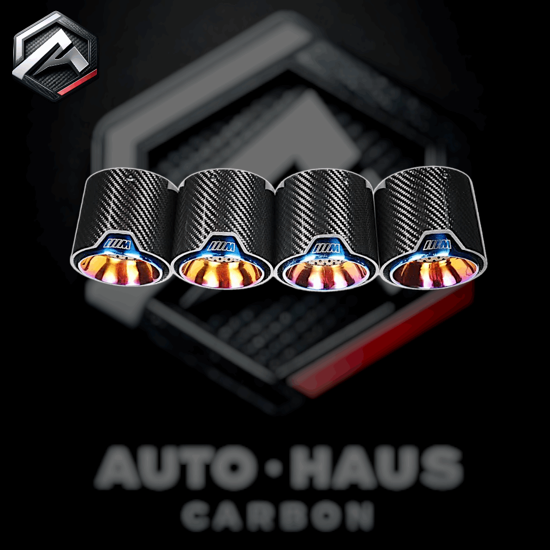 BMW G80 G81 G82 G83 Carbon Fibre Exhaust Tips with MPERFORMANCE Logo Blue Gold