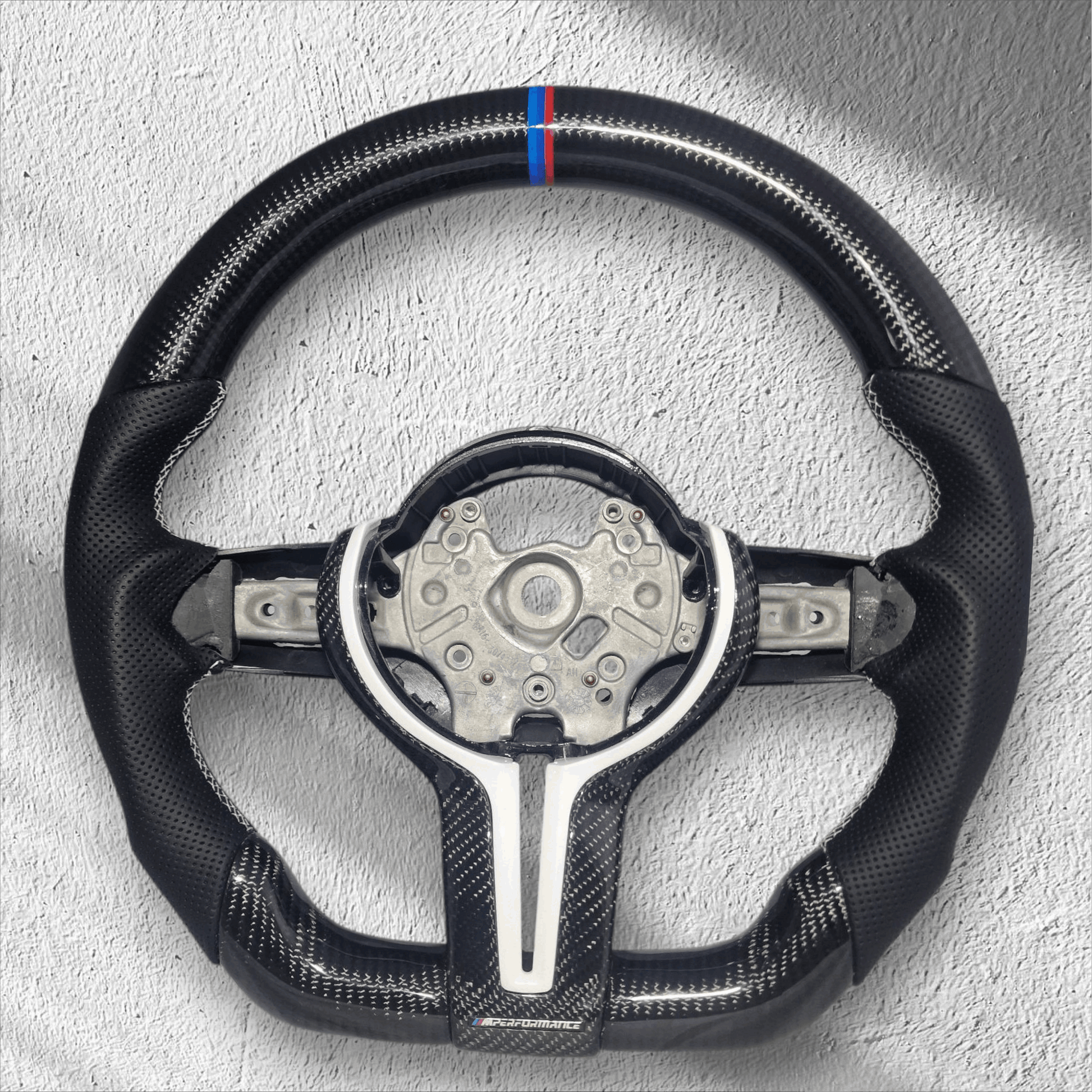 BMW 1/2/3/4 Series Gloss Carbon Fibre & Leather Flat Bottom Steering Wheel - EXPRESS WHITE