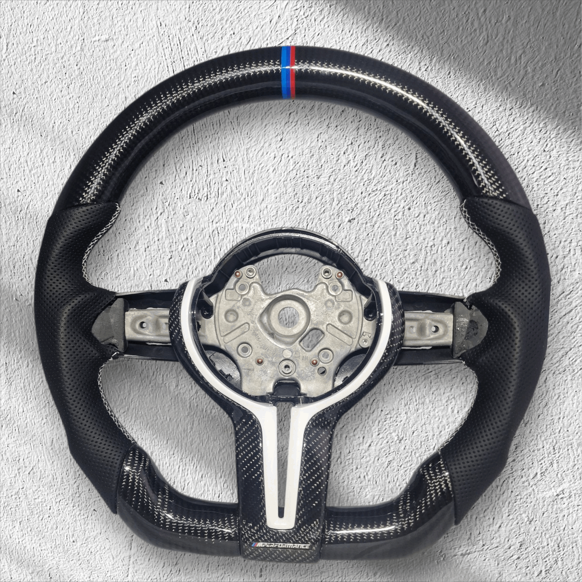 BMW 1/2/3/4 Series Gloss Carbon Fibre & Leather Flat Bottom Steering Wheel - EXPRESS WHITE